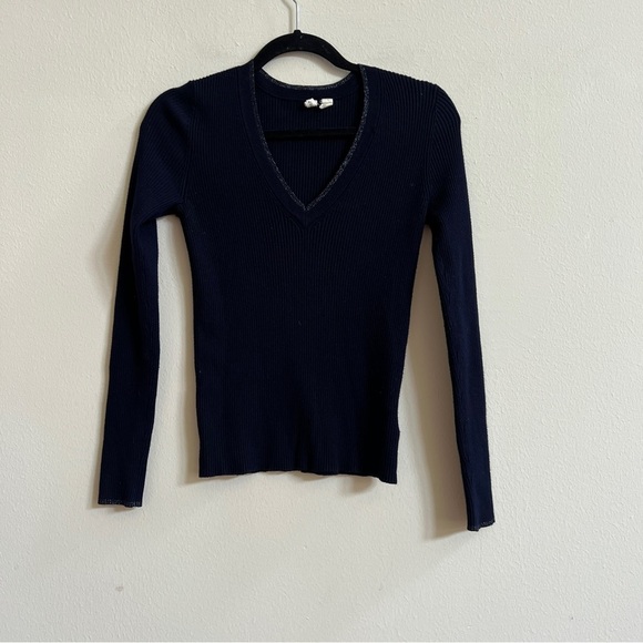 Moth by Anthropologie Navy Blue V Neck Ribbed Sweater - Picture 3 of 4